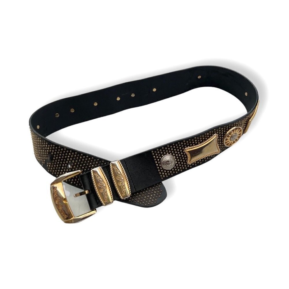 Gianni Versace retro black leather gold details leather belt size  75/30